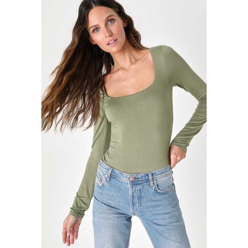 NWT Lulus Simple Cutie Sage Green Square Neck Long Sleeve Bodysuit - Size M
